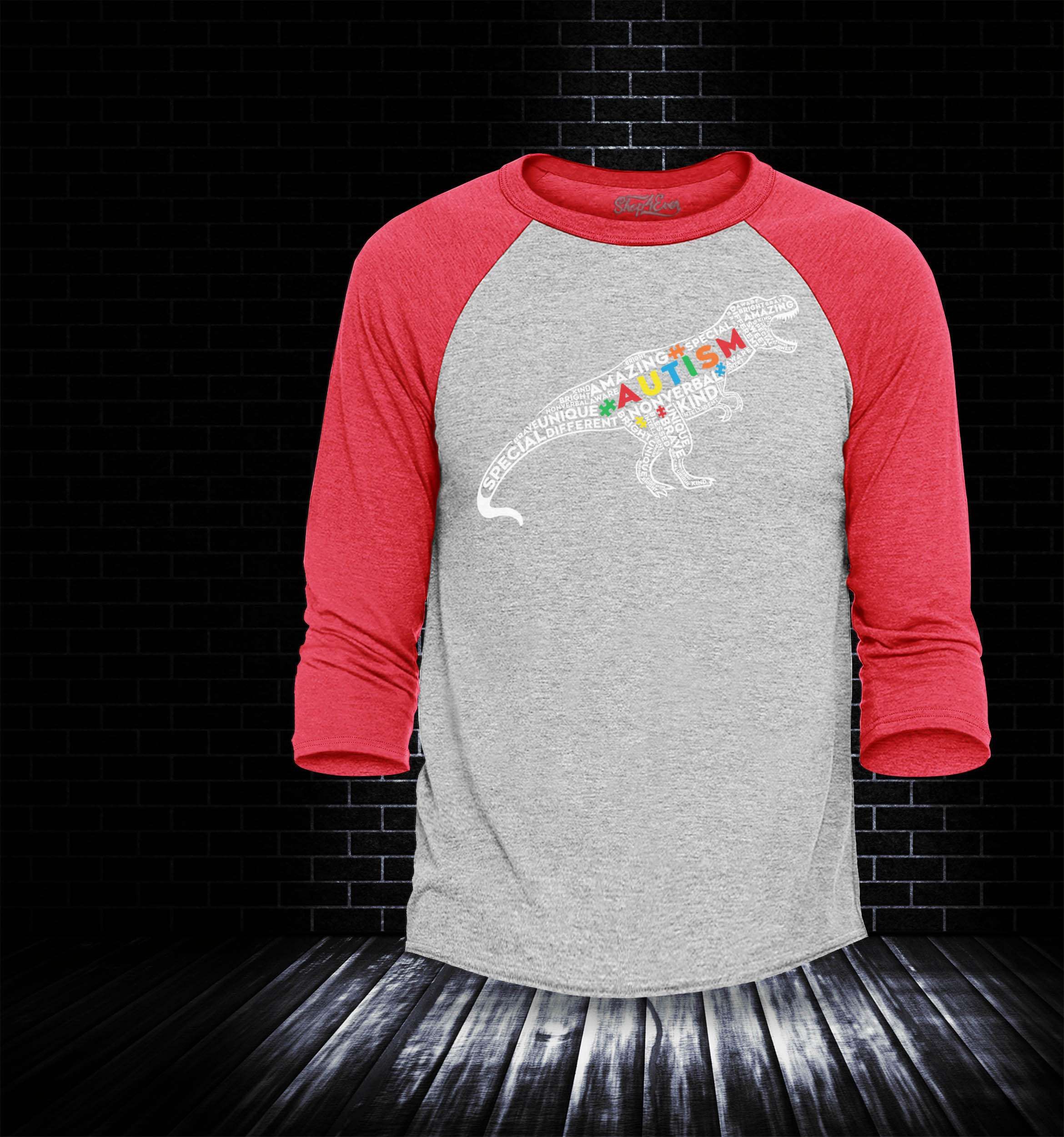 Shop4Ever Men's Autism Awareness Dinosaur Word Cloud Raglan Baseball Shirt Large Black/White