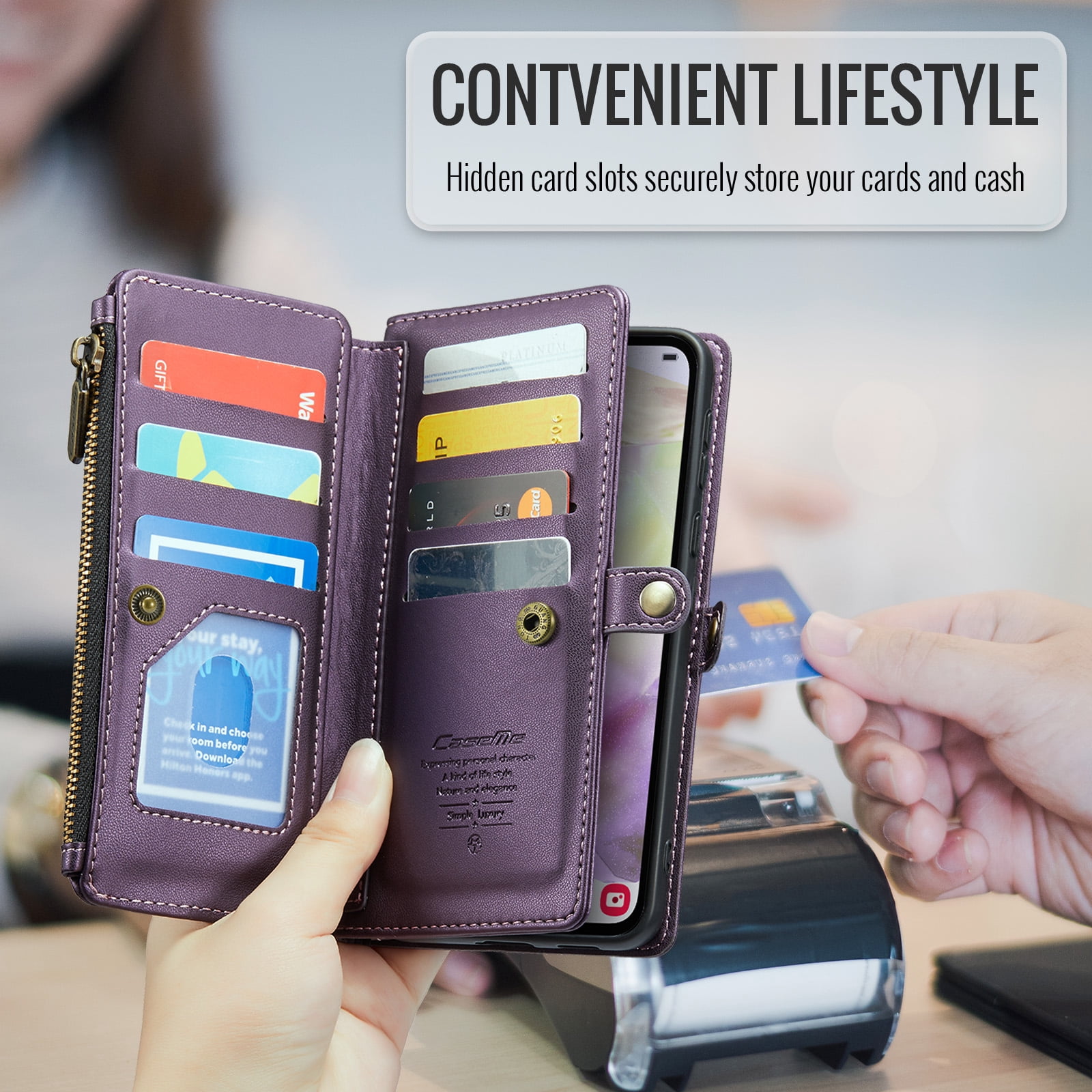 for Samsung Galaxy A14 5G Full Body Protection Wallet Folio Flip Case, Shoulder Strap & Wristlet Card Slots Zipper Pocket RFID Blocking Rugged Durable PU Leather Phone Case Cover, Purple