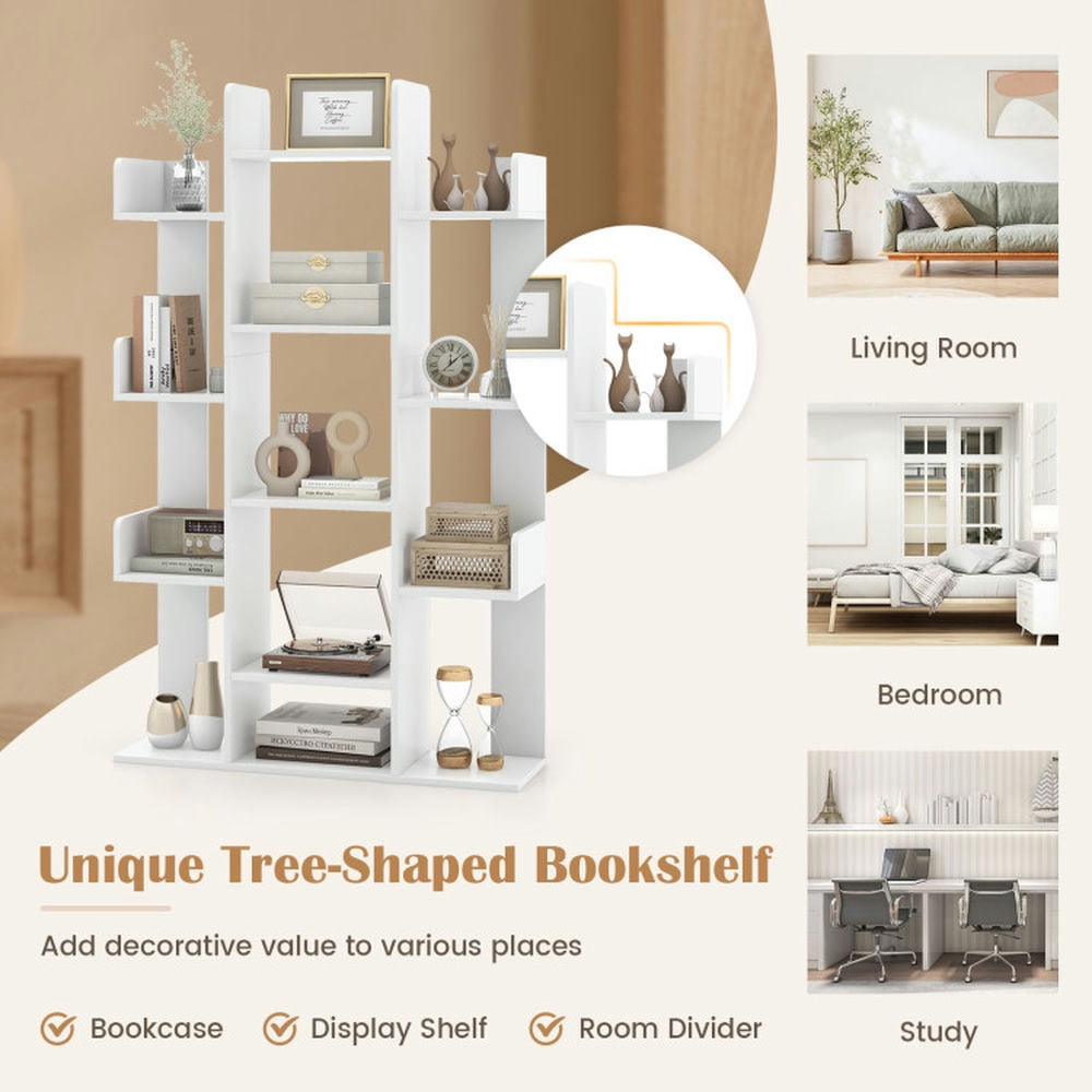 Demi Bonn 8-Tier Bookshelf Tree-Shaped Bookcase with 13 Open Compartments, White