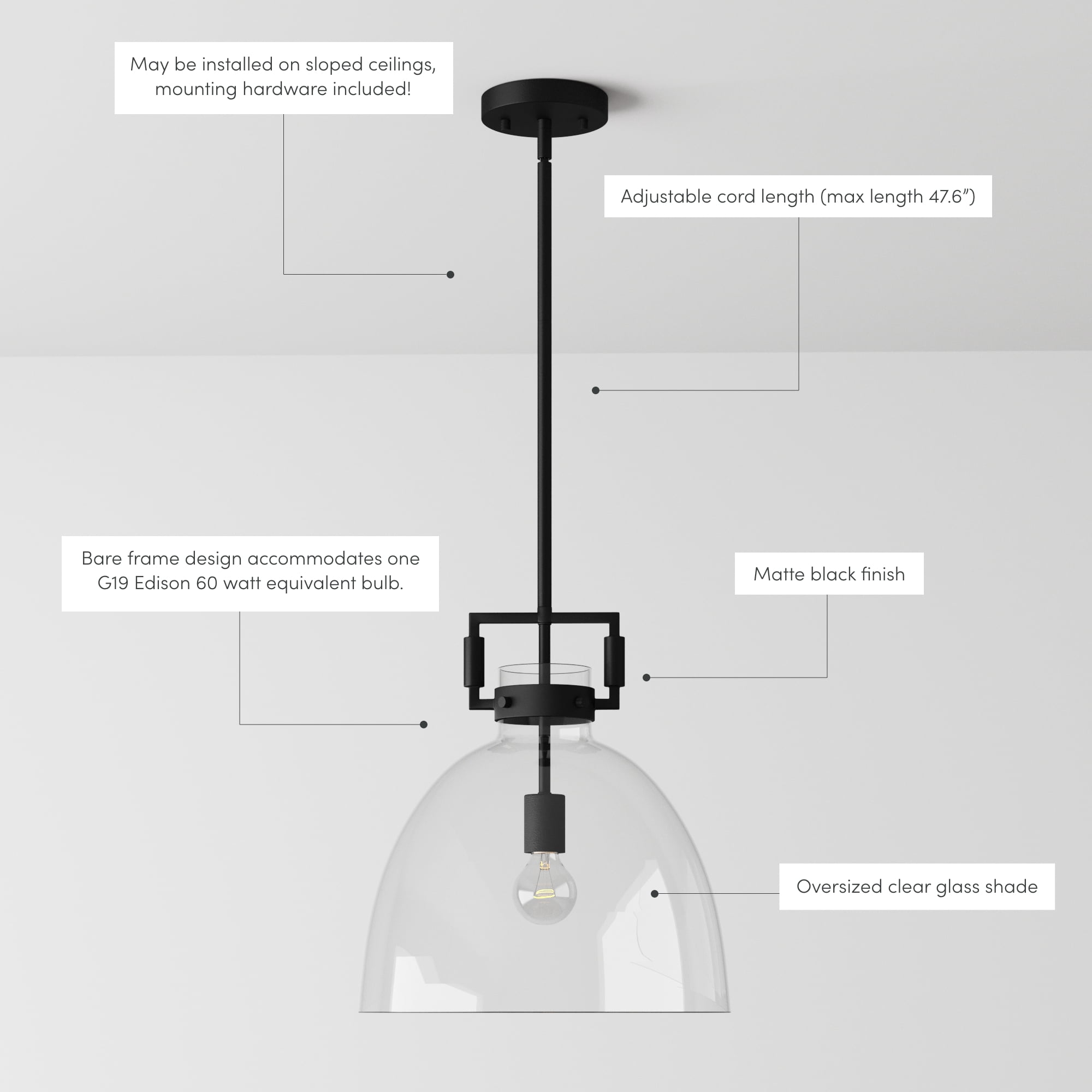 Nathan James Leigh 1-Light Pendant Lighting For Kitchen Island with Oversized Glass Shade and Adjustable Cord