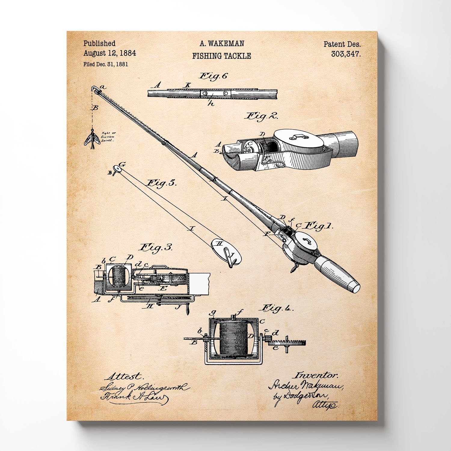 Fishing Gifts for Men, Fishing Gear Patent Canvas Print, Ready To Hang for Living Room Home Wall Art, C2355-16x20
