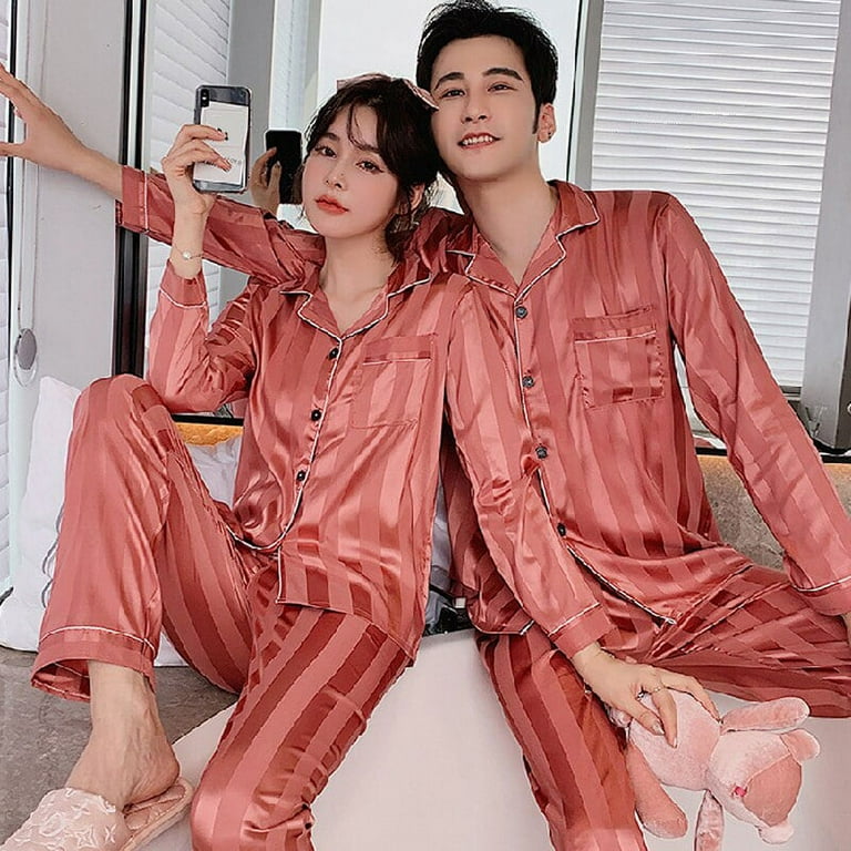 QWZNDZGR Solid Color Couple Sleepwear Silk Satin Pajama Sets Long