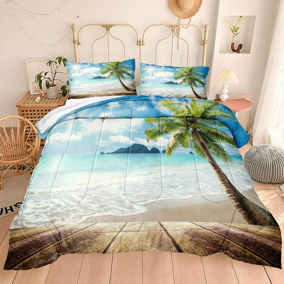 Sunny Beach Comforter Set Queen Bedding Palm Tree Comforter Tropical Bedding Set Ocean Quilt Comforter Set Beach Decor Soft Microfiber Lightweigh Beach Themed Bedding Set 4 PCS 1 Comforter 2 Pillowca
