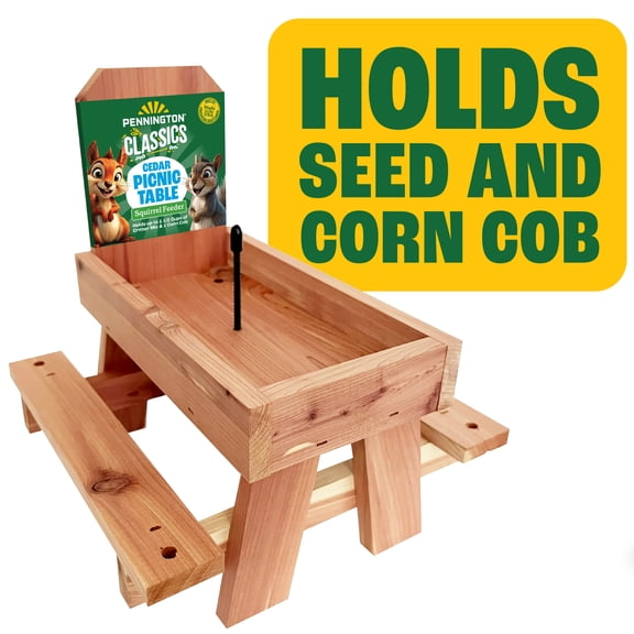 Pennington Red Cedar Picnic Table Squirrel Feeder, Holds Corn, Nuts and Seeds, 1 Table, 9"x10"x9"