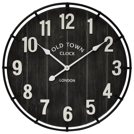 EMAX HOME 24 Charcoal Wood Farmhouse Arabic Numeral Silent Wall Clock, Large Iron Frame