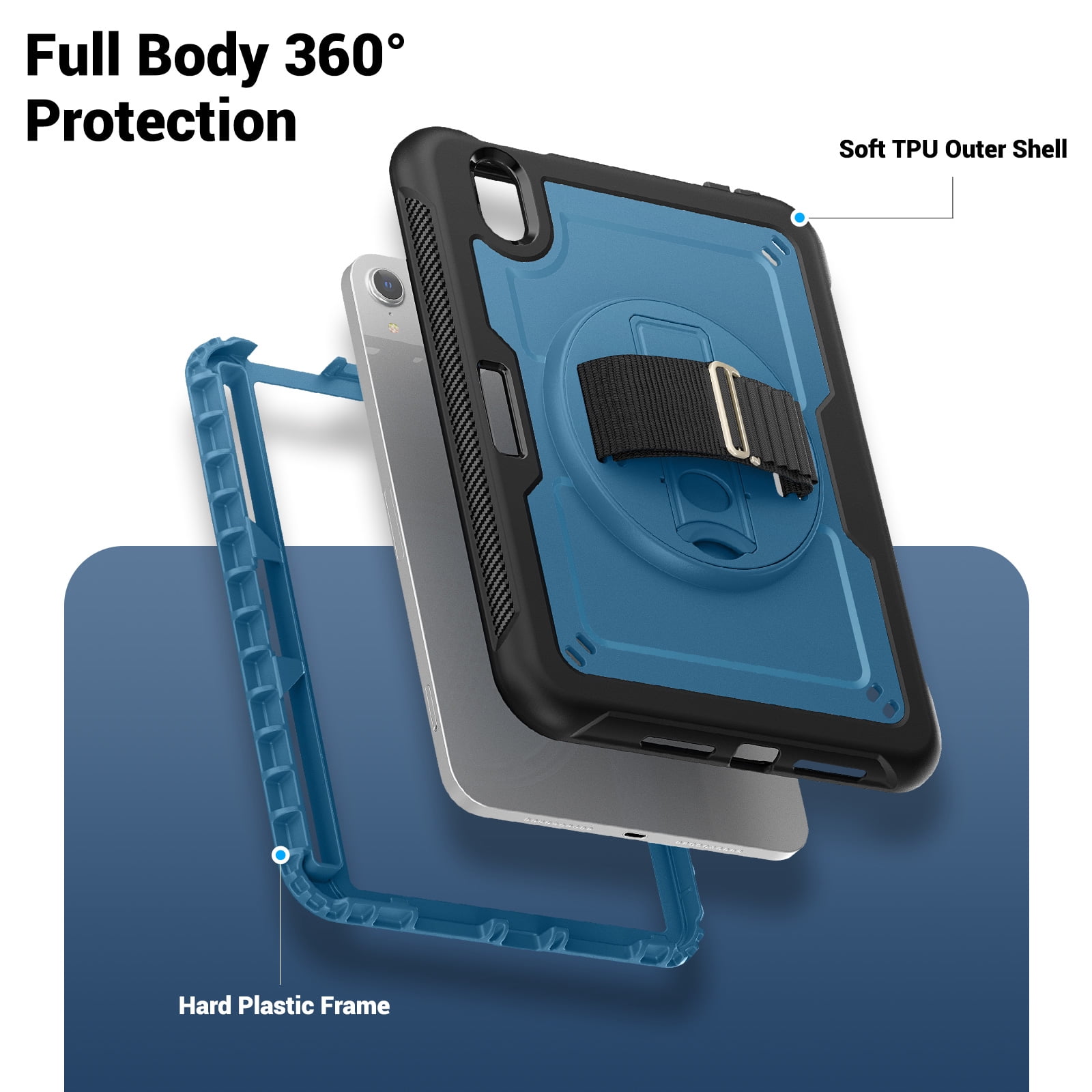 ELEHOLD Rugged Case For Apple iPad 11th(A16) 2025/10th Gen 2022,360 Rotating Stand Hand Strap Shoulder Strap Pencil Holder Full-Body Heavy Duty Shockproof Protective Case,Navyblue