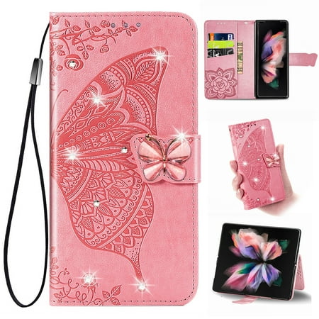 K-Lion for Samsung Galaxy A91 Folio Flip Case, Luxury Bling Butterfly Embossed PU Leather Wallet Case Stand Card Holder Slots Shockproof Glossy Phone Cover with Wrist Strap ,Pink