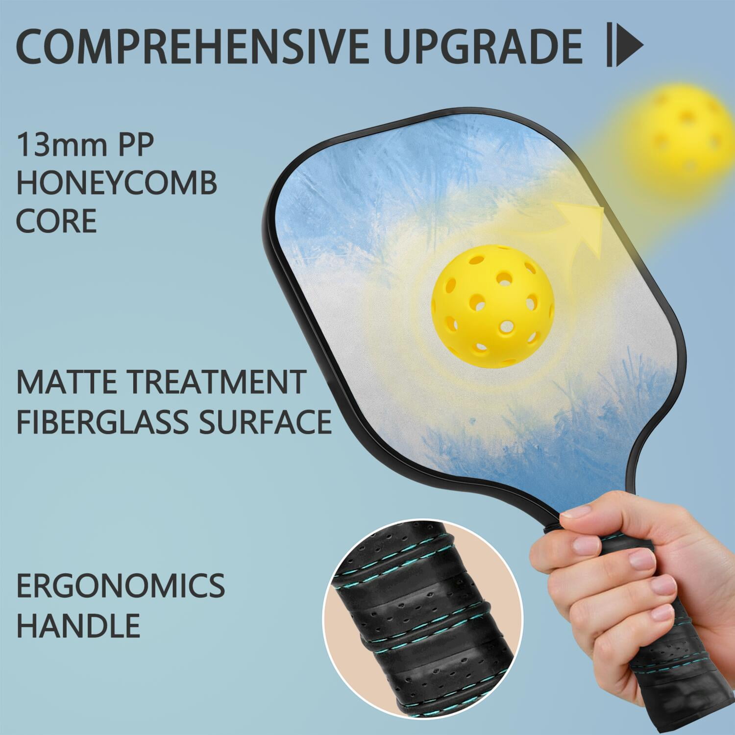 Pickleball Paddles Set Of 1, Fiberglass Surface, Ice Crystal Print, 1 Paddle, 2 Balls & Bag