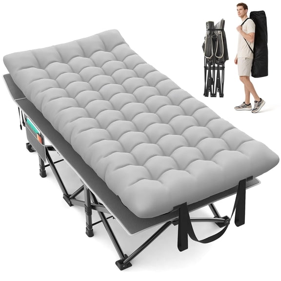 Oversize Camping Cot Extra Large Folding Bed Heavy Duty Steel Frame Mattress Pad Storage Bag Portable Outdoor Sleeping Cot Guest Bed Office Napping Recliner Gray Pack