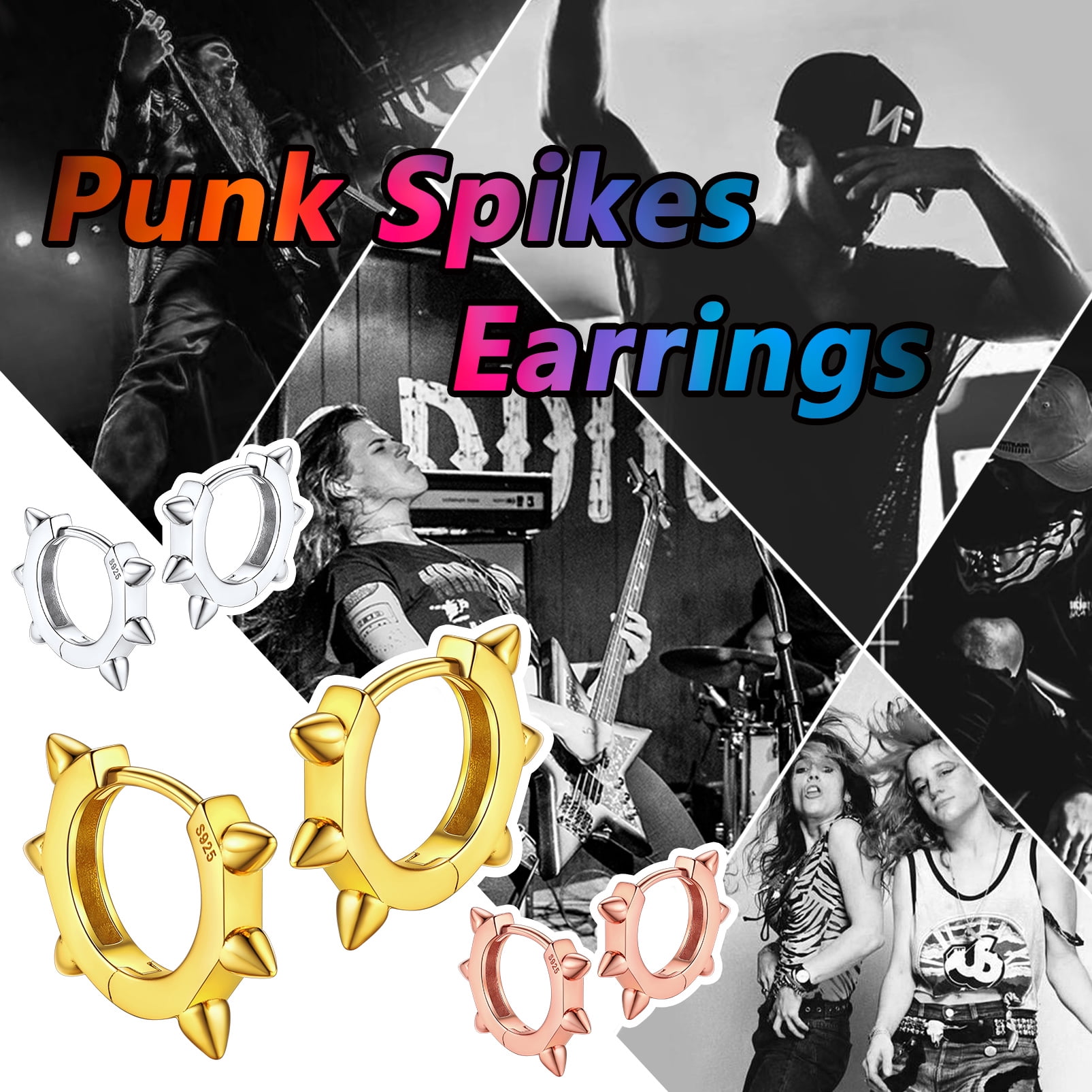 Silvora Gold Plated Small Huggie Hoop Earrings for Women Men Rivet Sterling Silver Punk Gothic Ear Hoops