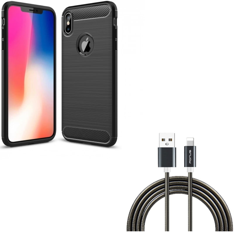 3ft Metal USB Cable w Carbon Fiber Case for iPhone XS Max Charger