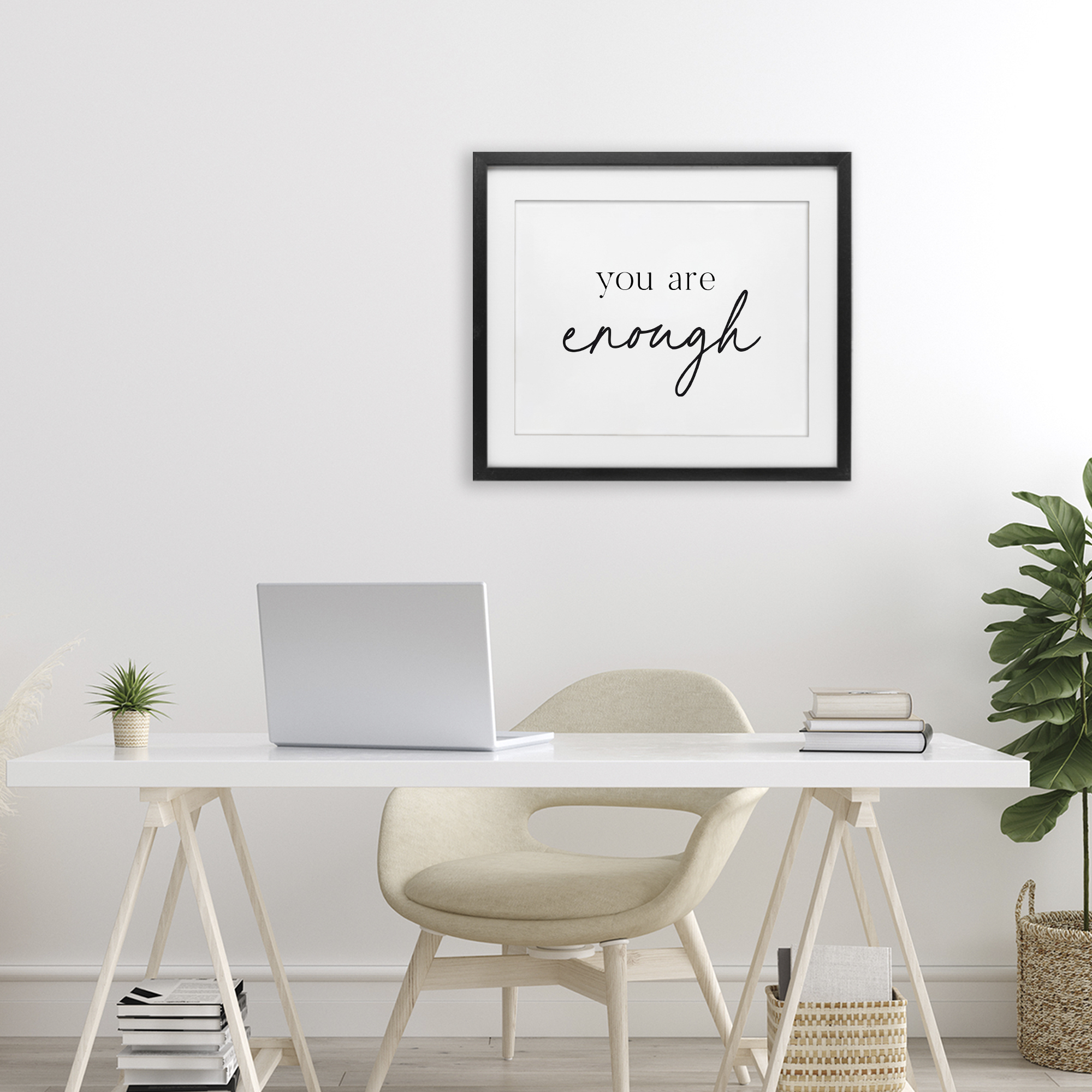 You Are Enough Sentiment Black Framed Print Under Glass, design by Lettered and Lined