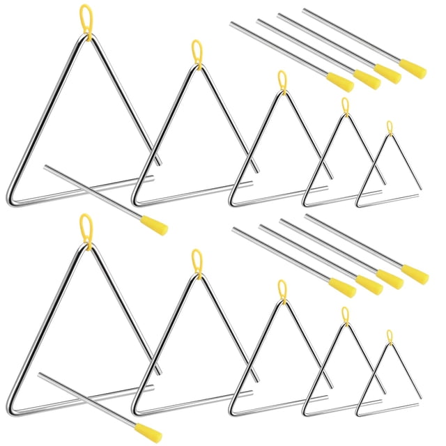 SINJEUN 10 Pack Musical Steel Triangle Percussion Instrument, 4, 5, 6, 7, 8 Inches Triangle Musical Instrument with Striker and Finger Hold