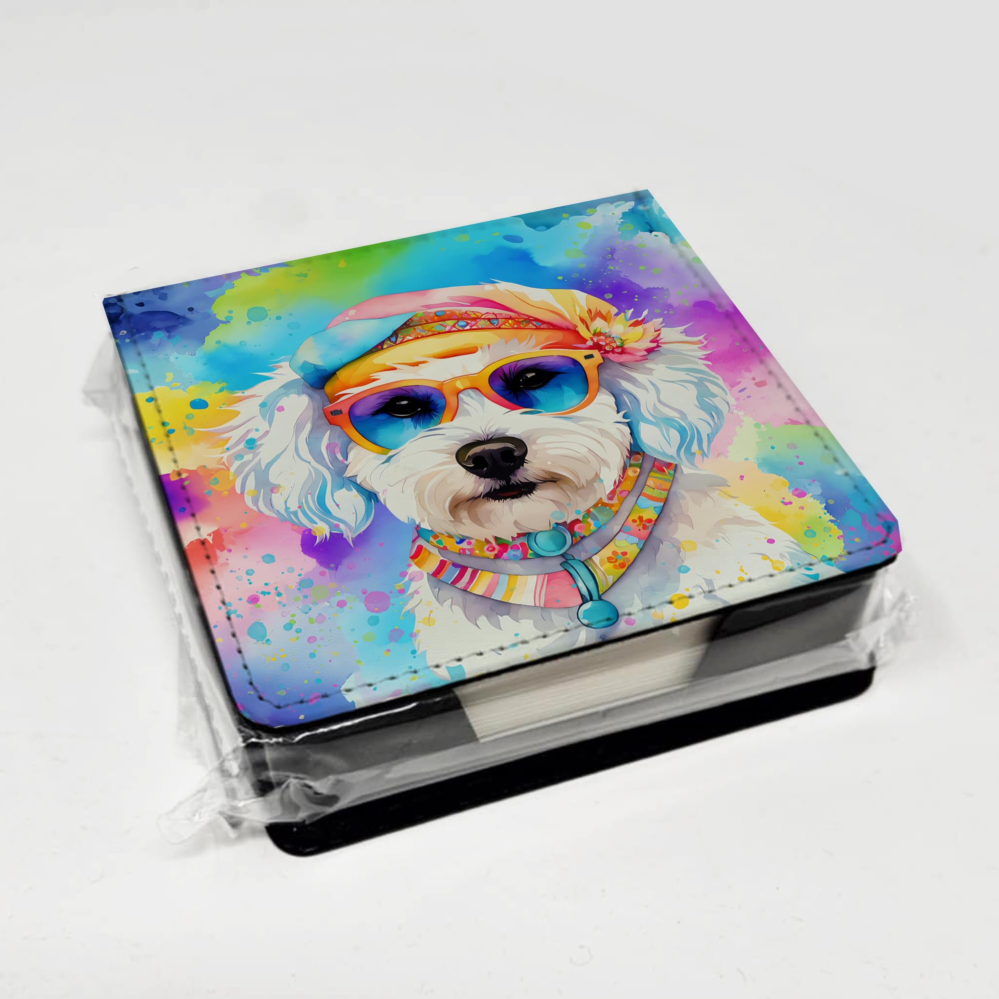 Caroline's Treasures Bichon Frise Hippie Dawg PU Leather Note Paper Holder with Artist-Designed Cover, Desk Accessory, Office Gift