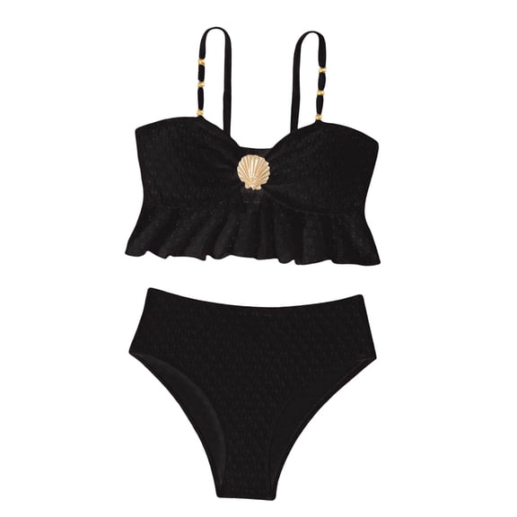 Tigivemen Girls 2 Piece Swimsuits Metallic Shell Bikini Sets Stylish Bathing Suits for Teens Summer Girls' Swimwear Black,13-14 Years
