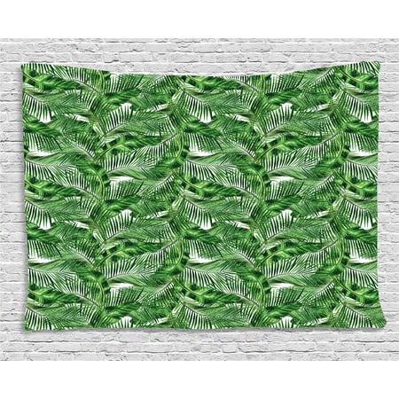 Zen Decor Tapestry, Tropical Plants Background Feng Shui Style Refreshing Decorative Nature Pattern, Wall Hanging for Bedroom Living Room Dorm Decor, 80W X 60L Inches, Hunter Green, by