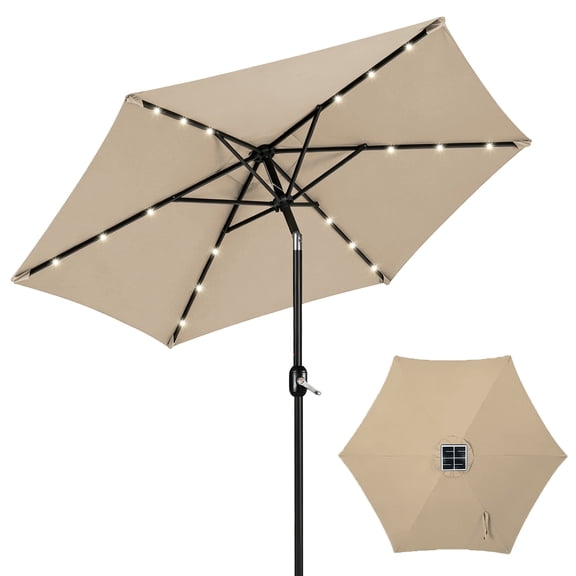 MorTime 7.5 FT Solar Patio Umbrella, 18 LED Lighted Outdoor Table Market Umbrella 6 Sturdy Ribs with Push Button Tilt and Crank for Garden, Deck, Backyard, Pool and Beach