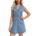 thumbnail image 2 of INSPIRE CHIC Women's Denim Mini Dress Sleeveless Button Down V Neck Summer Jean Dresses M Light Blue, 2 of 6