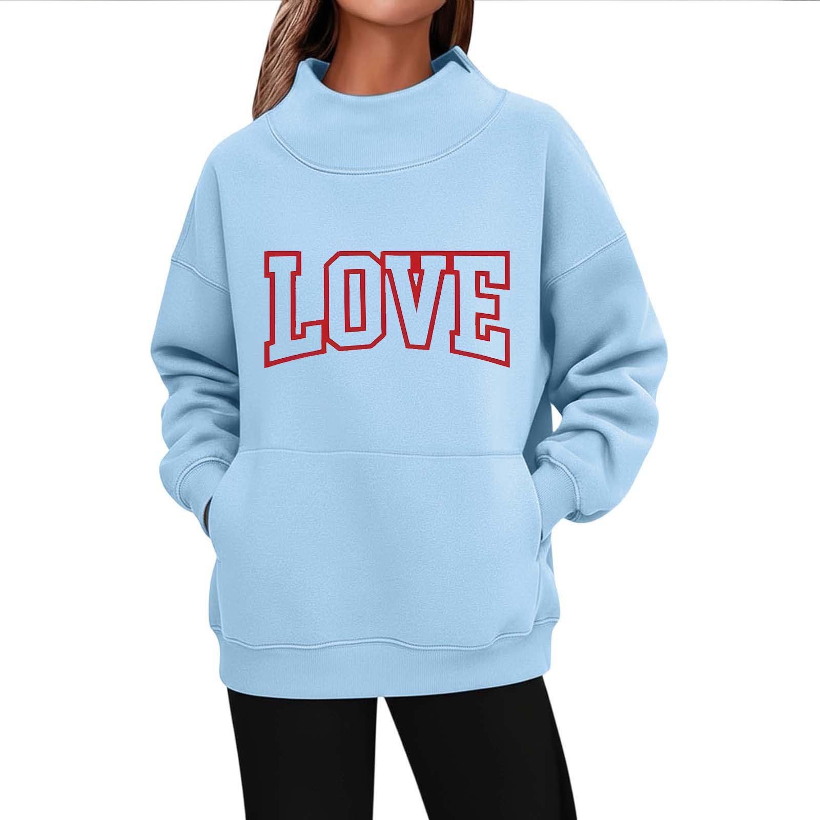 Womens Oversized Sweatshirts Side Split Mock Neck Pullover Love Heart Printed Loose Valentines Tops with Pocket (2XL Light Blue #A)