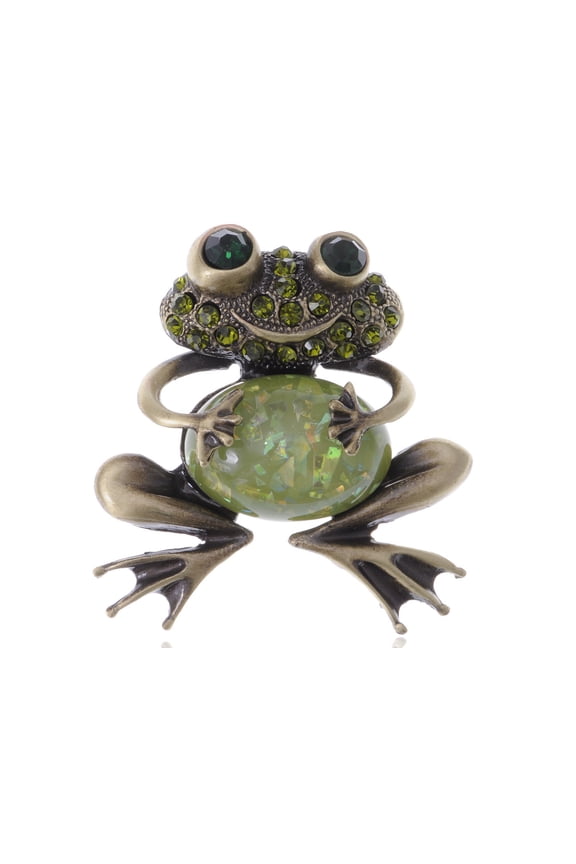 Wintage-like Emerald Crystal Rhinestone Happy Frog Smile Big Belly Pin Brooch
