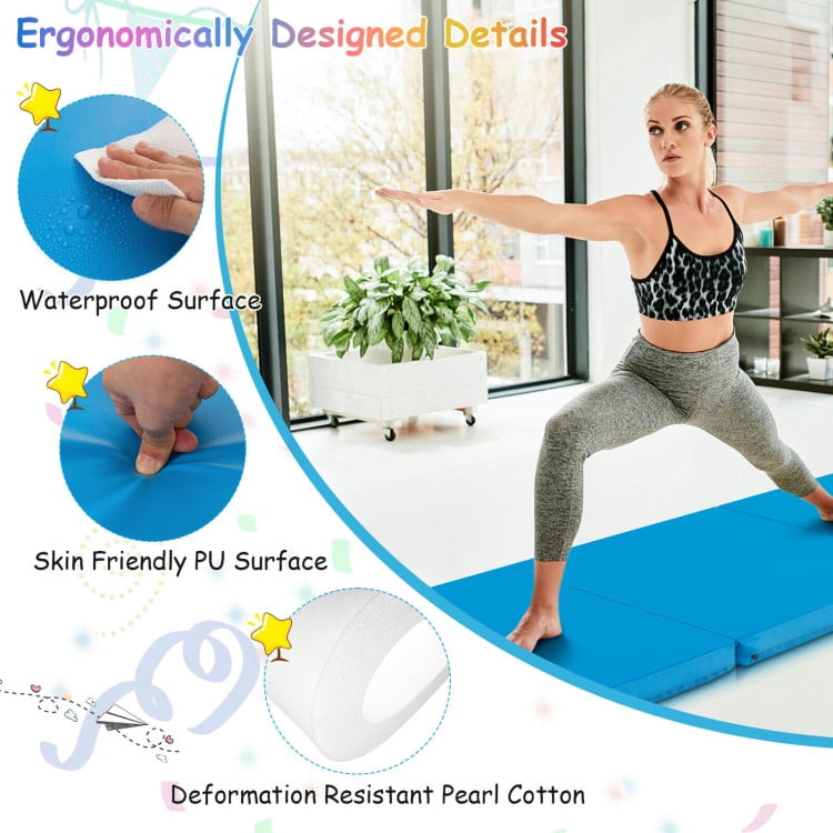 Resenkos Gymnastics Mat, Exercise Tumbling Mat,6 x 2 FT Tri-Fold Gym Mat with Handles and Removable Zippered Cover-Blue