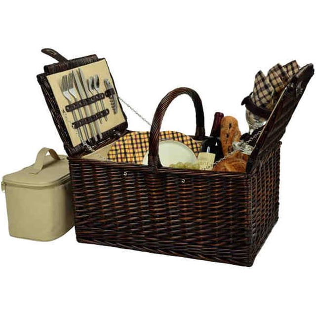 Buckingham Picnic Basket for 4-Brown Wicker-London Plaid