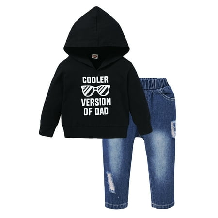 

Kucnuzki 18 Months Baby Boy Autumn Winter Outfits Pants Sets 24 Months Long Sleeve COOLER Prints Cozy Hooded Sweatshirt Tops Elastic Denim Cozy Pants 2PCS Set Black