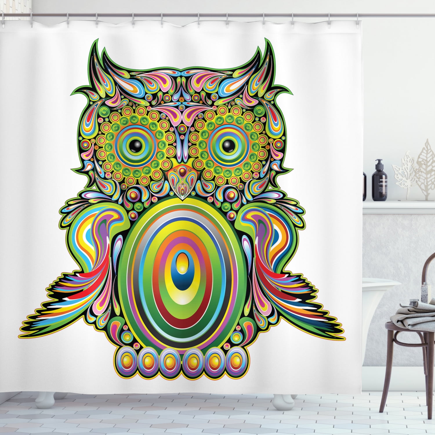 Abstract Colorful Owl Shower Curtain Set Bathroom Fabric Bath Curtains Hooks