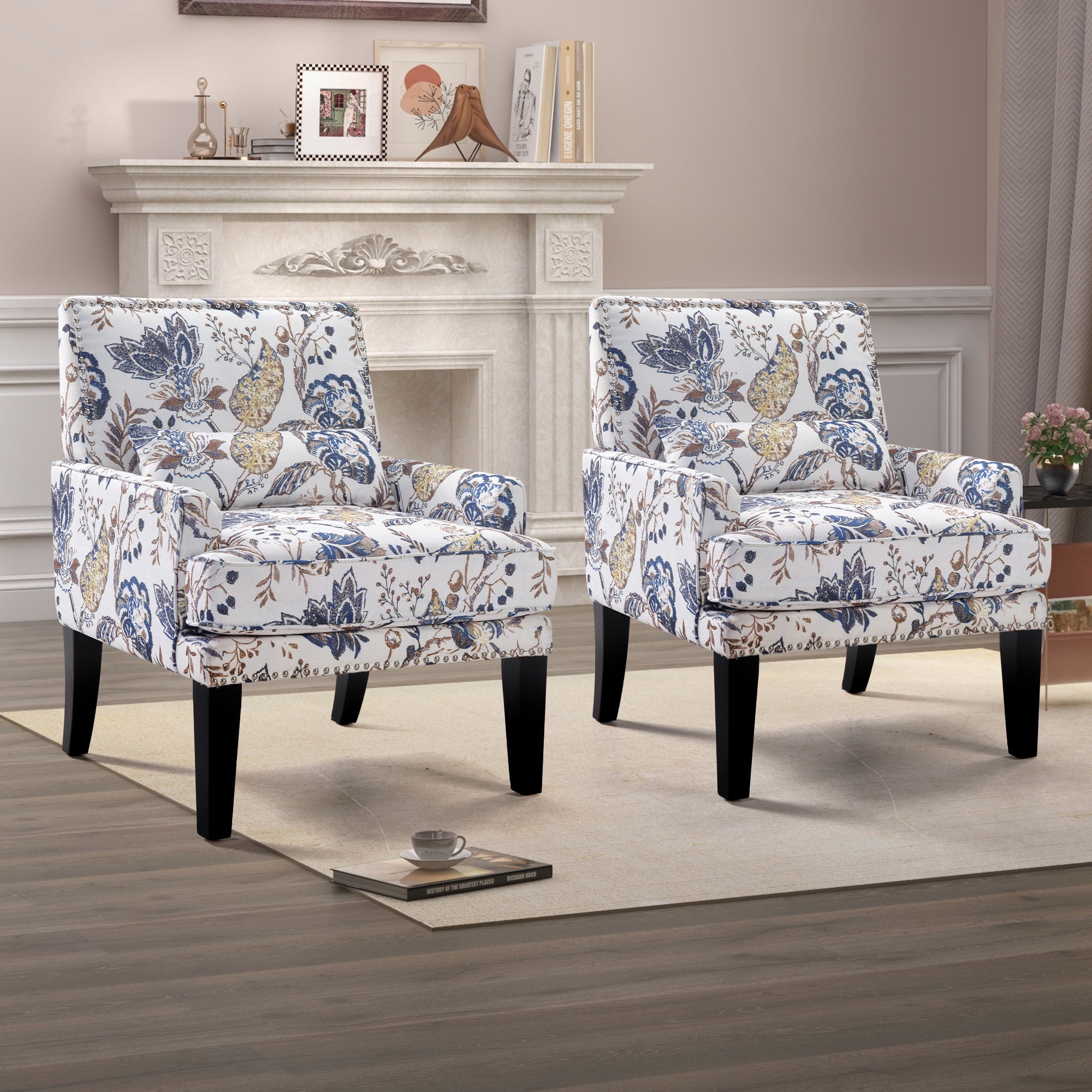 Bonzy Home Modern Floral Print Accent Chair with Arms and Wooden Legs, 2-Pack Mid‑Century High‑Back Wing Chair with Padded Armrests & Cushioned Seat for Living Room, Blue Yellow Floral