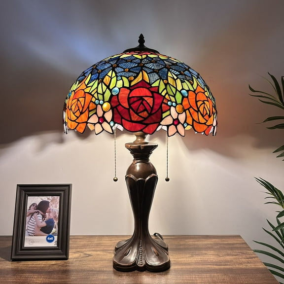 Tiffany Table Lamp Red Orange Blue Stained Glass Rose Flowers LED Bulbs Included For Living Room Bedroom Bedside 16"W*16"D*24"H