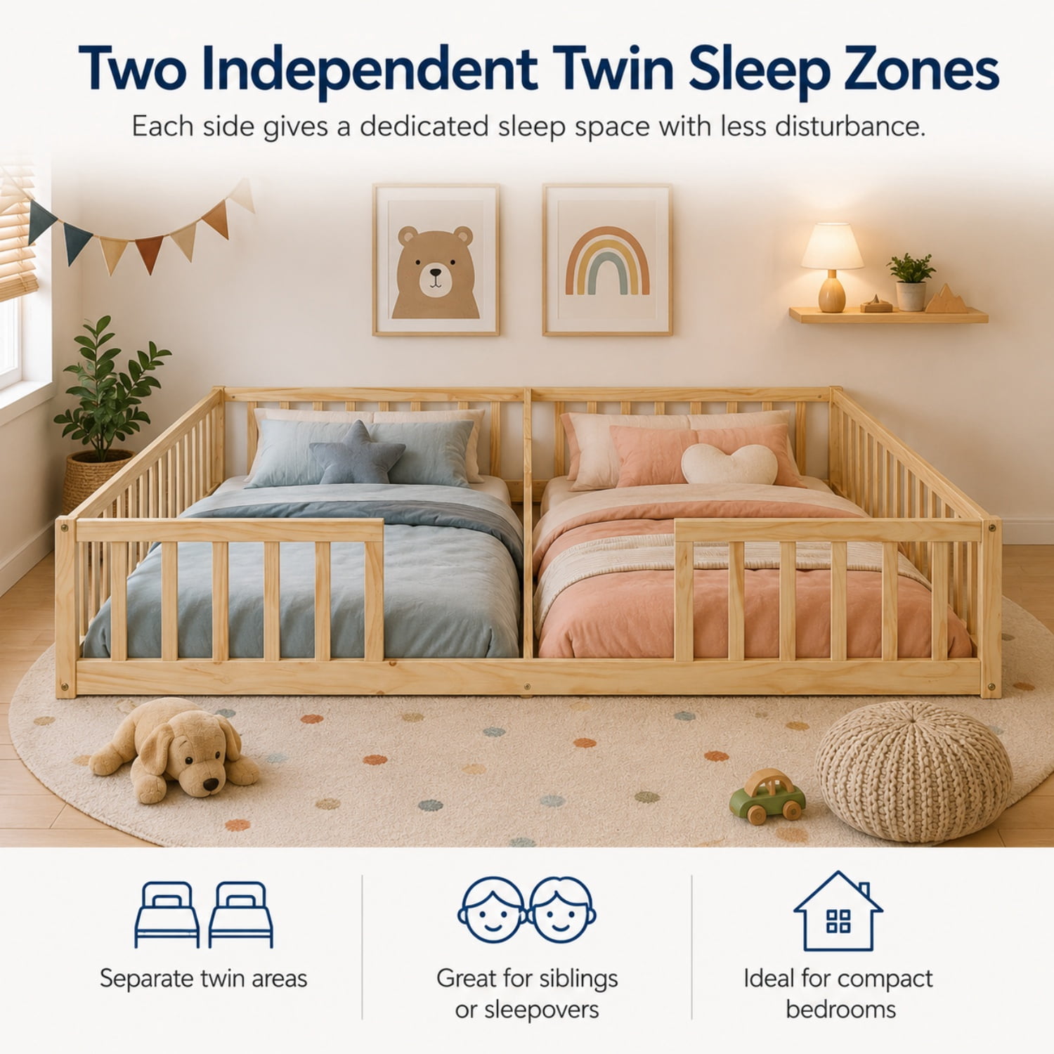 Miniyam Double Twin Floor Bed for Kids, Wood Bed Frame with Guardrails, Low Profile Design, Natural
