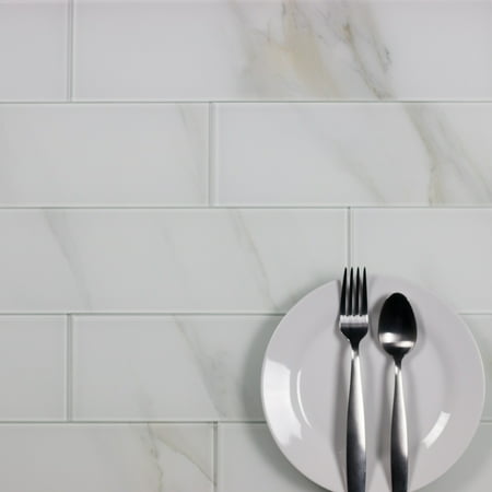 Abolos- Nature 4" x 16" Glass Subway Tile in Calacatta White/Gray Veins (16sqft / 36pcs)
