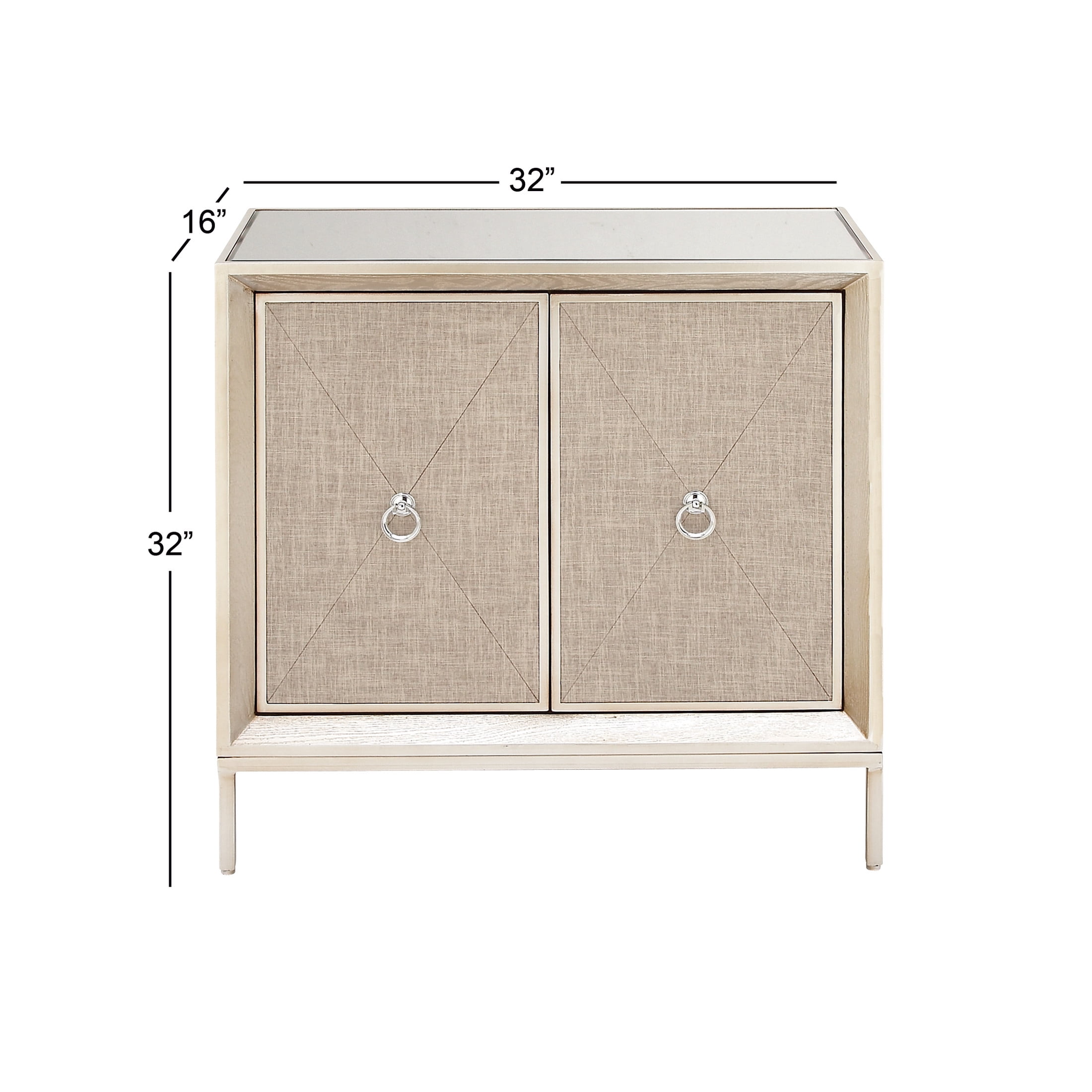 DecMode 32" x 32" Beige Wooden Upholstered Front Panel 2 Door Cabinet with Mirrored Top and Ring Handles, 1-Piece