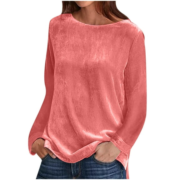 BLVB Women's Velvet Long Sleeve Tunic Tops Vintage Crewneck Velour Blouse Casual Solid Color Shirts Tees