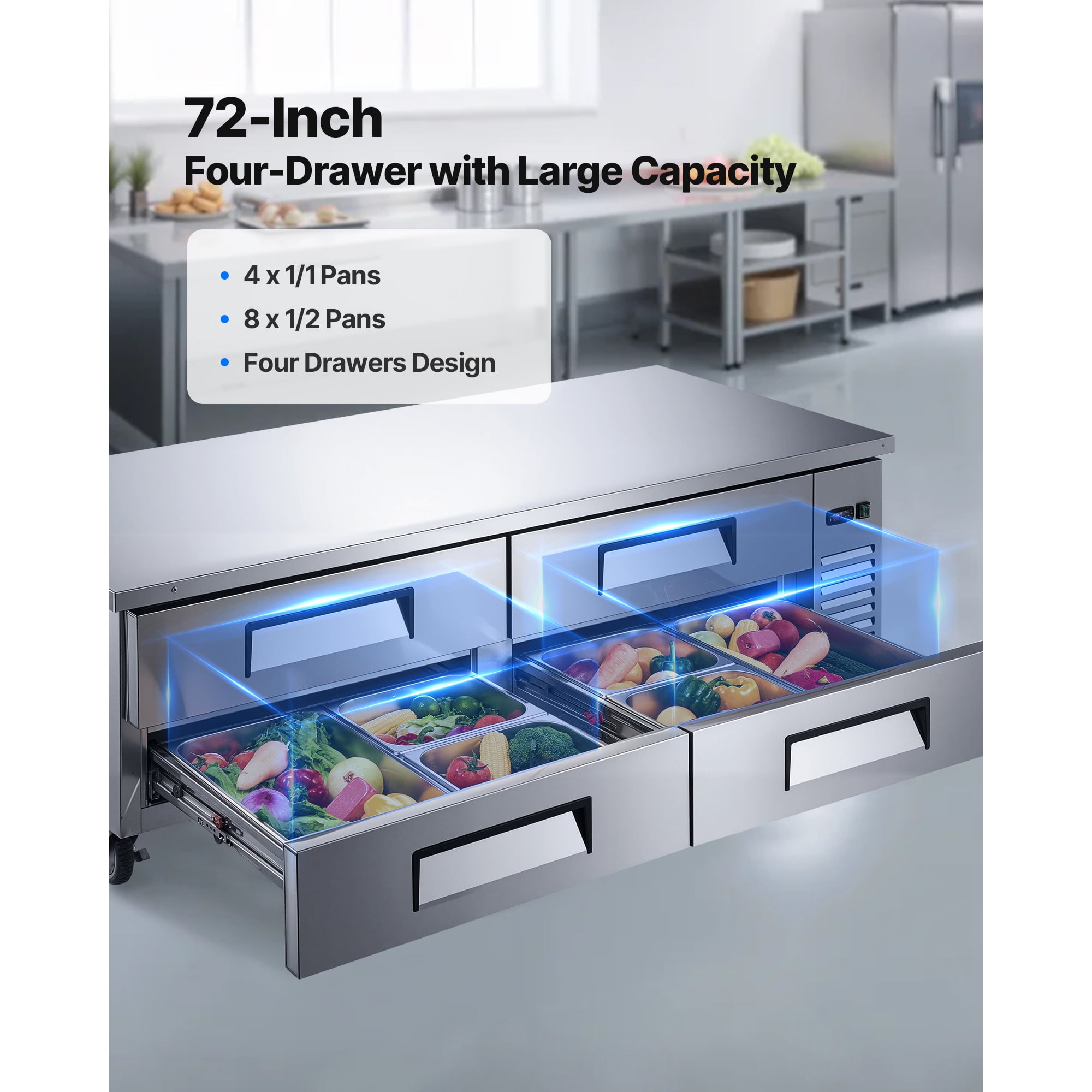 KFFKFF 72" W Commercial Chef Base Refrigerator, 4-Drawer Worktop Fridge with 12 Pans, Stainless Steel Under-Counter Refrigerated Unit with Durable Design and Sleek Door Handle