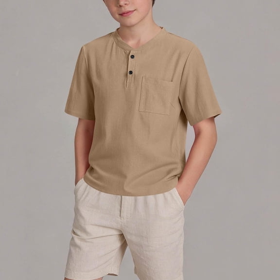 Boys Henley Shirt Khaki Short Sleeve | Quick Dry Moisture Wicking T-Shirt for Kids | Relaxed Fit Polyester Top with Pocket 5-15 Years,Size 11-12 T