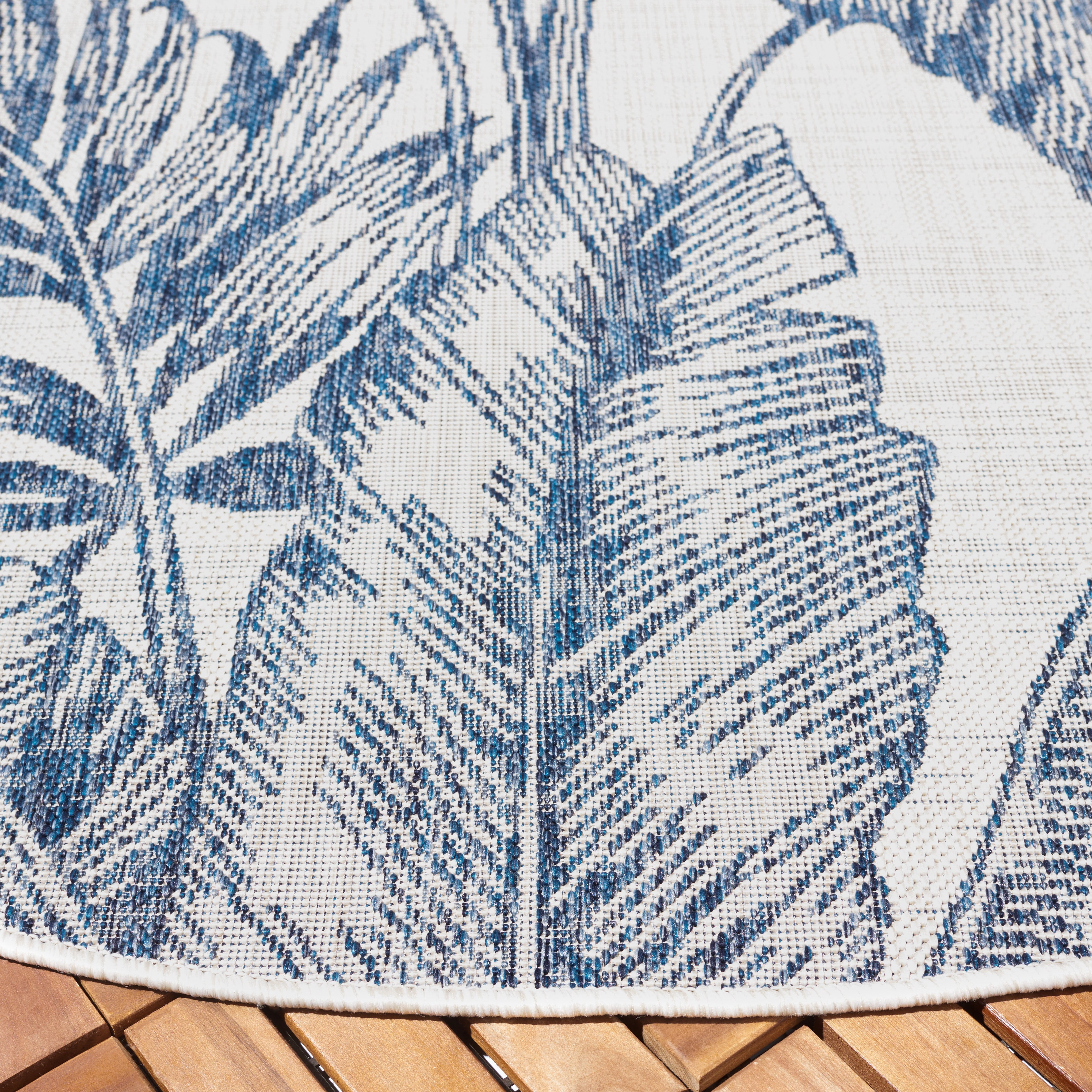 SAFAVIEH Courtyard Chloe Botanical Indoor/Outdoor Area Rug, Ivory/Navy, 6'7" x 6'7" Round