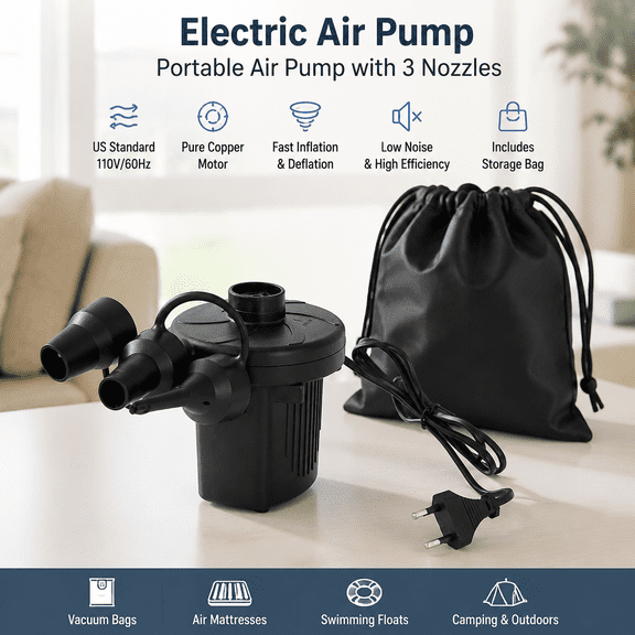 Electric Air Pump for Inflatables, 110V AC Portable Quick-Fill Inflator Deflator with 3 Nozzles for Air Mattress, Pool Floats, Camping