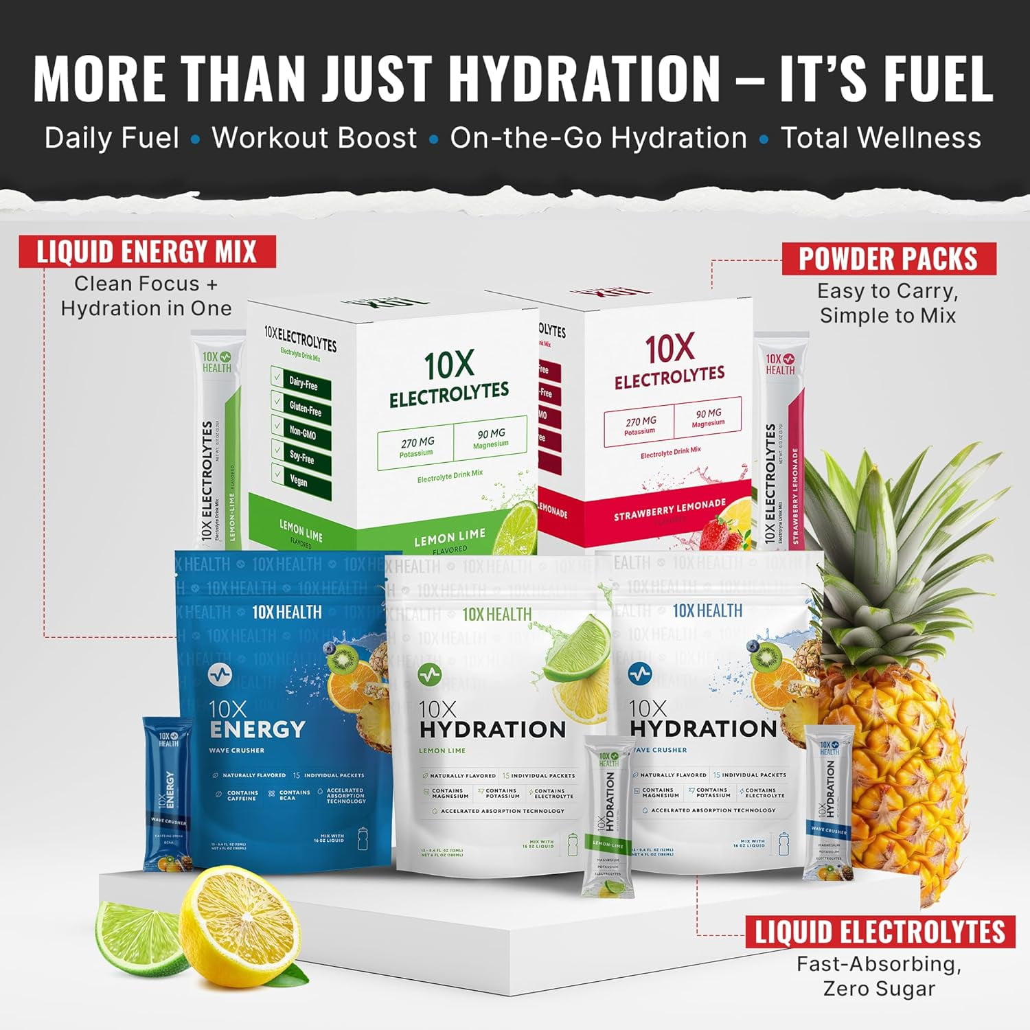 10X Hydration Wave Crusher - Liquid Electrolyte Drink Mix Packets - 15 Stick packs, Lemon Lime