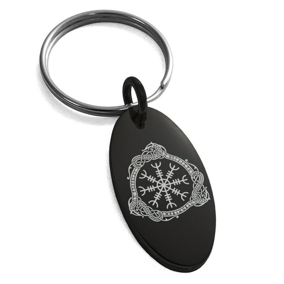 Stainless Steel Aegishjalmur Awe & Terror Helm Viking Rune Engraved Small Oval Charm Keychain Keyring