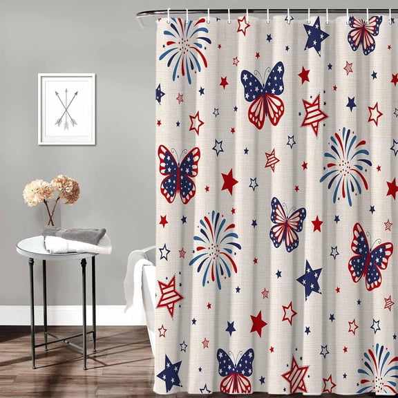 Fabric Shower Curtain for Bathroom, Farmhouse 4th of July Custom Shower Curtain Set with Hooks, Luxury Bathroom Curtains, Patriotic Star Butterfly Waterproof Polyester Bathroom Accessories, 72x84inch
