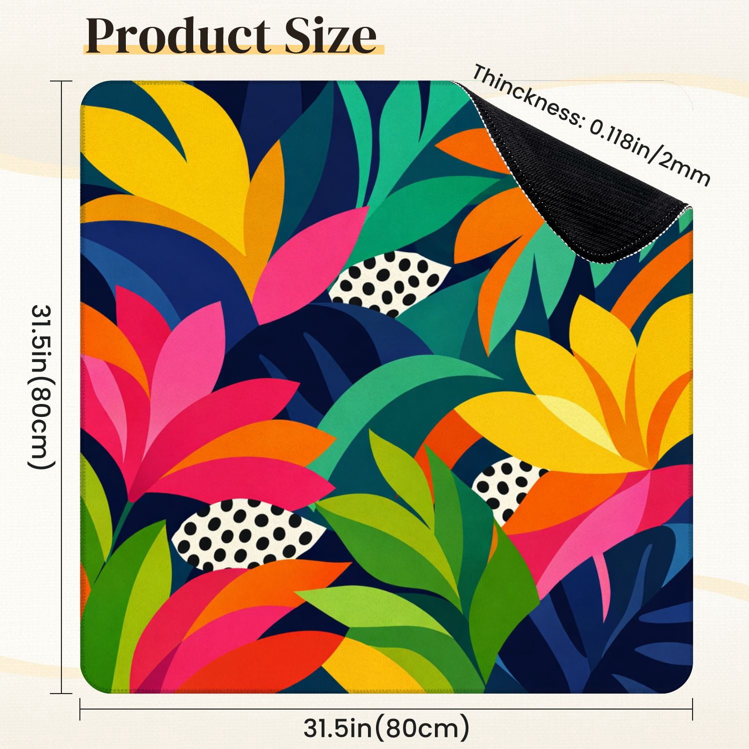 Mahjong Mat 31.5" x 31.5" Vibrant Tropical Leaves Bold Colorful Foliage Abstract Polka Dot Non-Slip Noise Reduction Mahjong Tiles Table Cover for Dominoes Poker Card Board and Tile Games