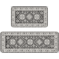 Grey Boho Kitchen Rugs and Mats Set of 2, 17"x47" 17"x30" Non-Slip Machine Washable Runner Rugs for Kitchen Floor, Soft Kitchen Mat Set for Home,Laundry Room,Floral Pattern