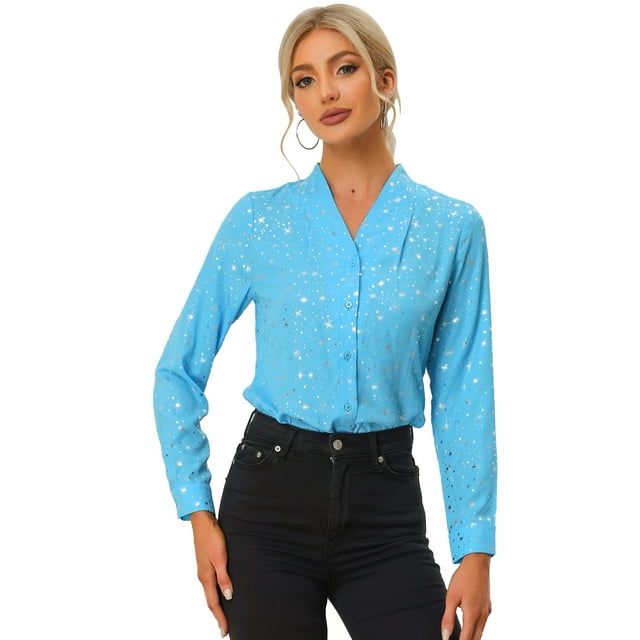 Blusa de estrellas con lunares brillantes dorados de manga larga metálica vintage para mujer Azul Claro XS