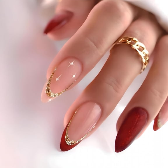 RAGUPEL Almond Press-on Nails, 24Pcs Medium Red Glossy, French Tip False Nails with Gold Glitter Design for Women Manicure