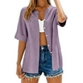 thumbnail image 3 of Button Down Shirts Summer 3/4 Sleeve Boho Tops Business Casual Blouse Loose Fit Blouses Business Casual Outfits Cotton Button Up Shirt Dressy Casual Loose Floral Tees Shirt Blouse Purple XL, 3 of 9