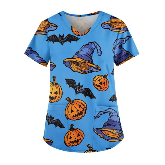 Scrubs Sets For Women, Fashion Easter Printed Short Sleeve V-Neck Top Small Pocket Work T Shirt Scrub Hats Women Petite Scrubs Tunics Or Tops Wear With Leggings Bra Tank (M, Blue) ZMTing