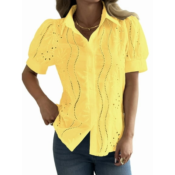 Women'S Short Sleeve Button Down Collared Blouses Embroidery Eyelet Top Yellow S