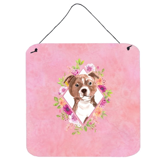 Staffie Bull Terrier Pink Flowers Wall or Door Hanging Prints