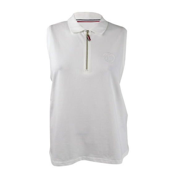 TOMMY HILFIGER Womens White Embroidered Printed Sleeveless Collared Top Size: L
